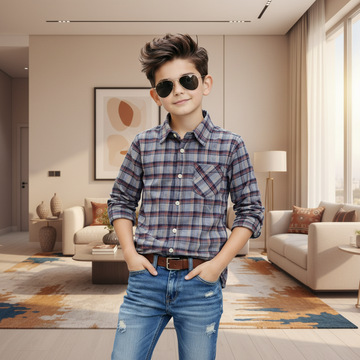 Classic Plaid Button-Up Shirt with Casual Denim Kids Outfit