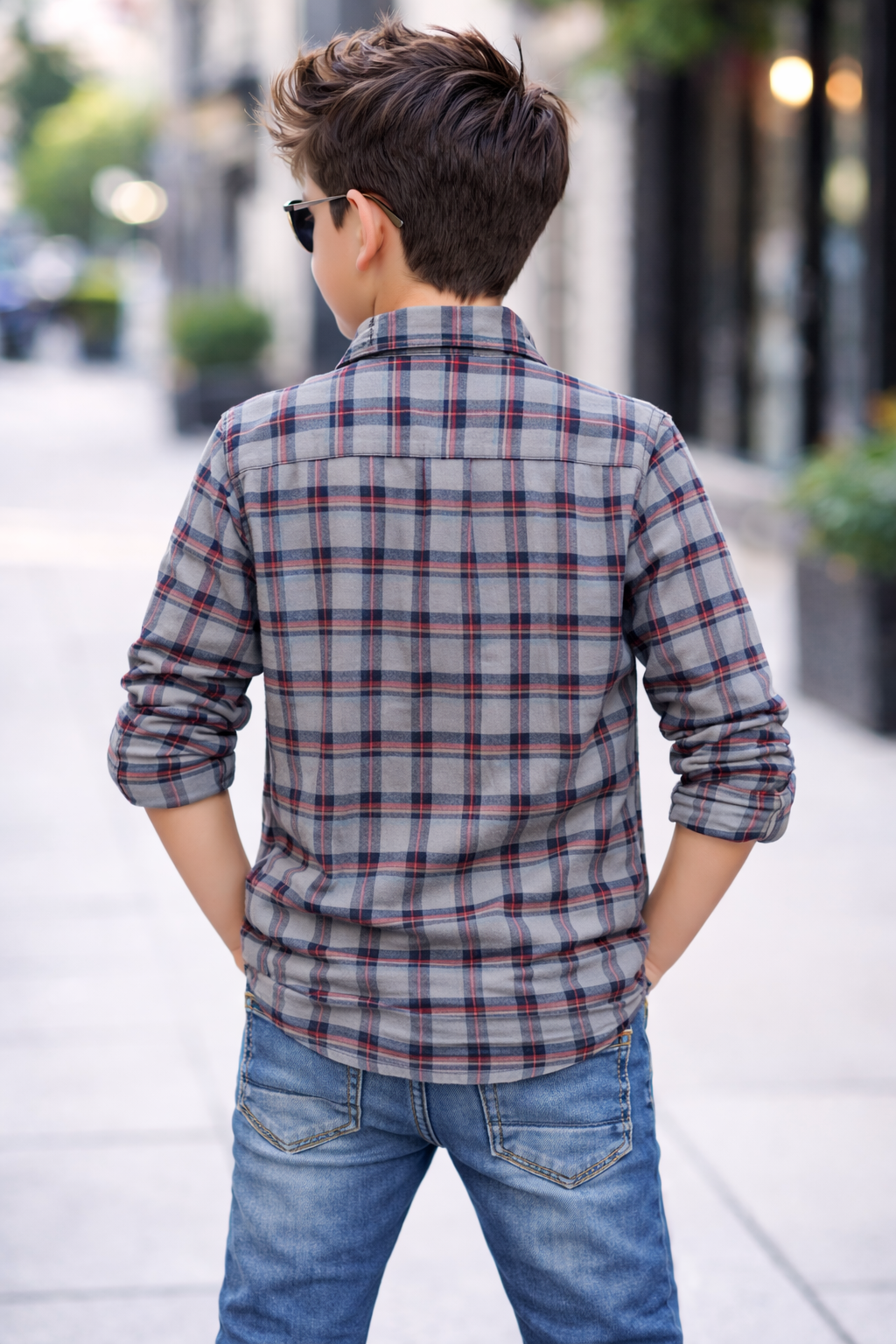 Classic Plaid Button-Up Shirt with Casual Denim Kids Outfit