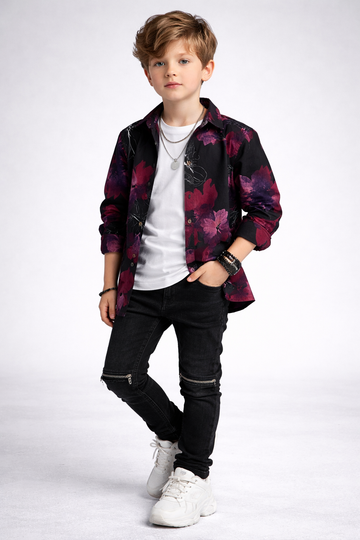 Bold Floral Print Shirt with Black Zipper Denim Kids Outfit Set
