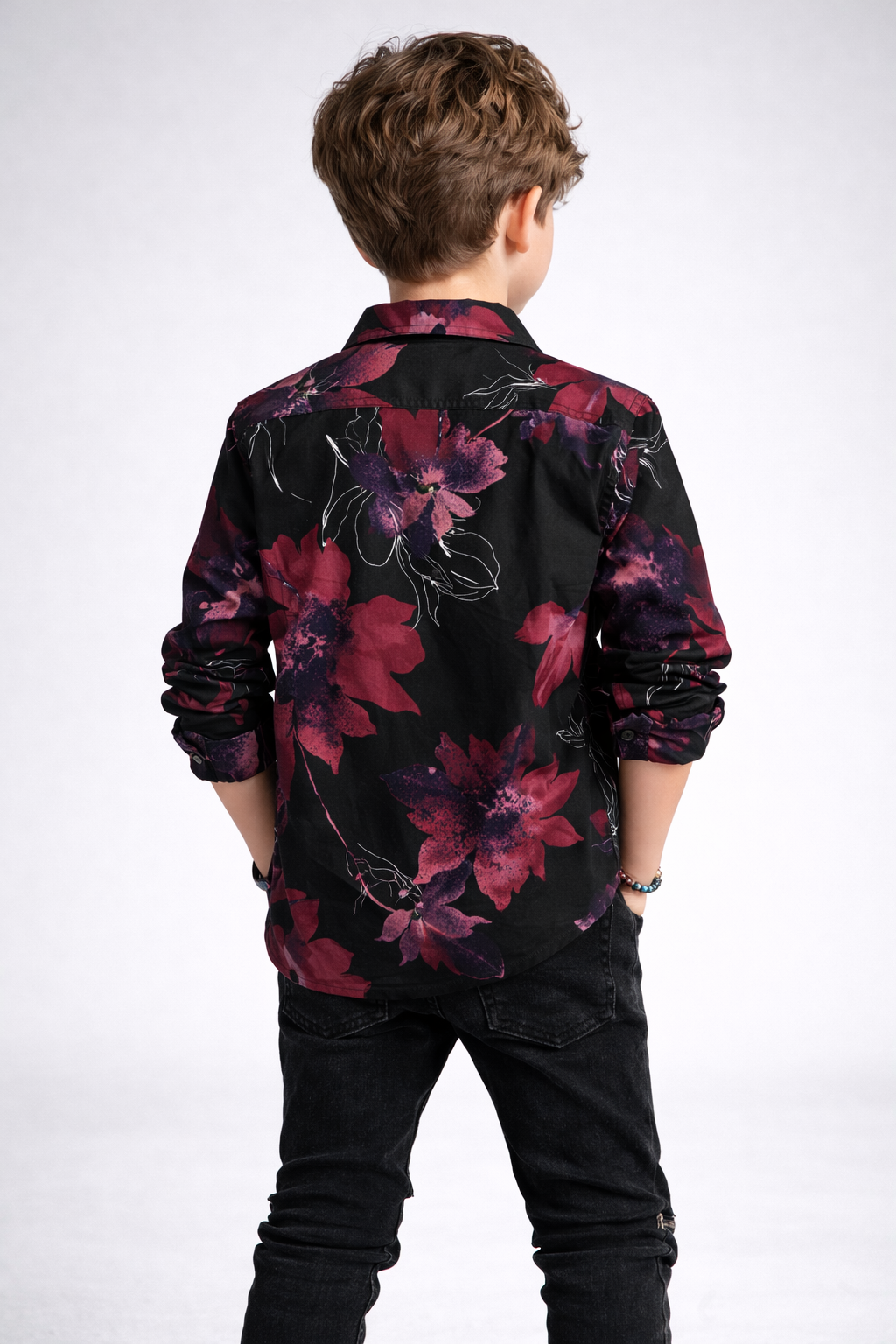 Bold Floral Print Shirt with Black Zipper Denim Kids Outfit Set