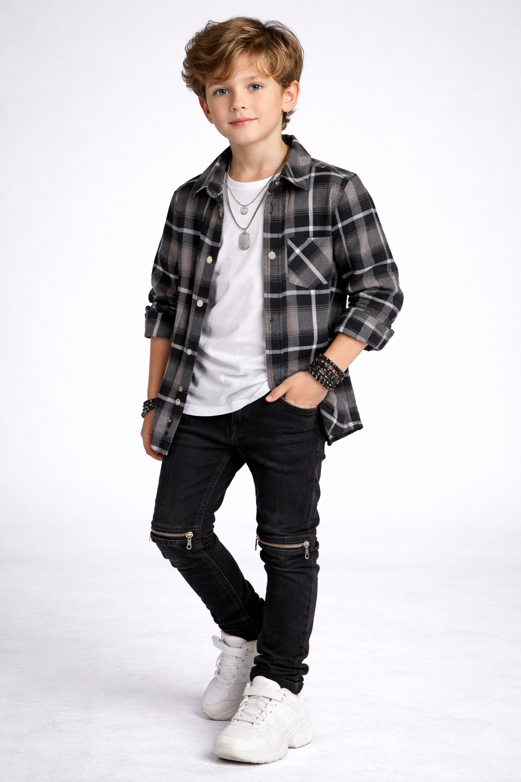 Classic Plaid Button-Up Shirt with Black Zipper Denim Kids Outfit Set | MH