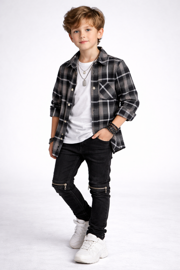 Classic Plaid Button-Up Shirt with Black Zipper Denim Kids Outfit Set | MH