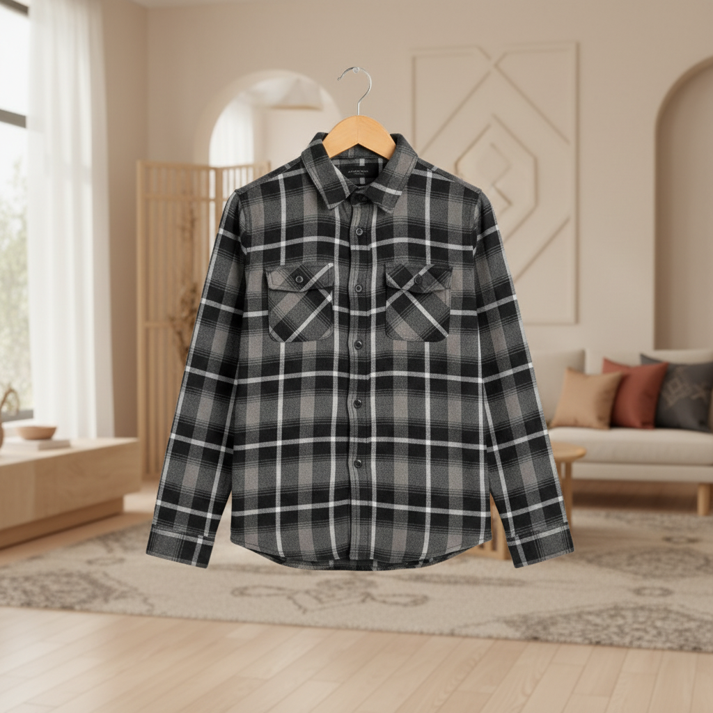 Classic Plaid Button-Up Shirt with Black Zipper Denim Kids. Sizes(1-12Years)| MH