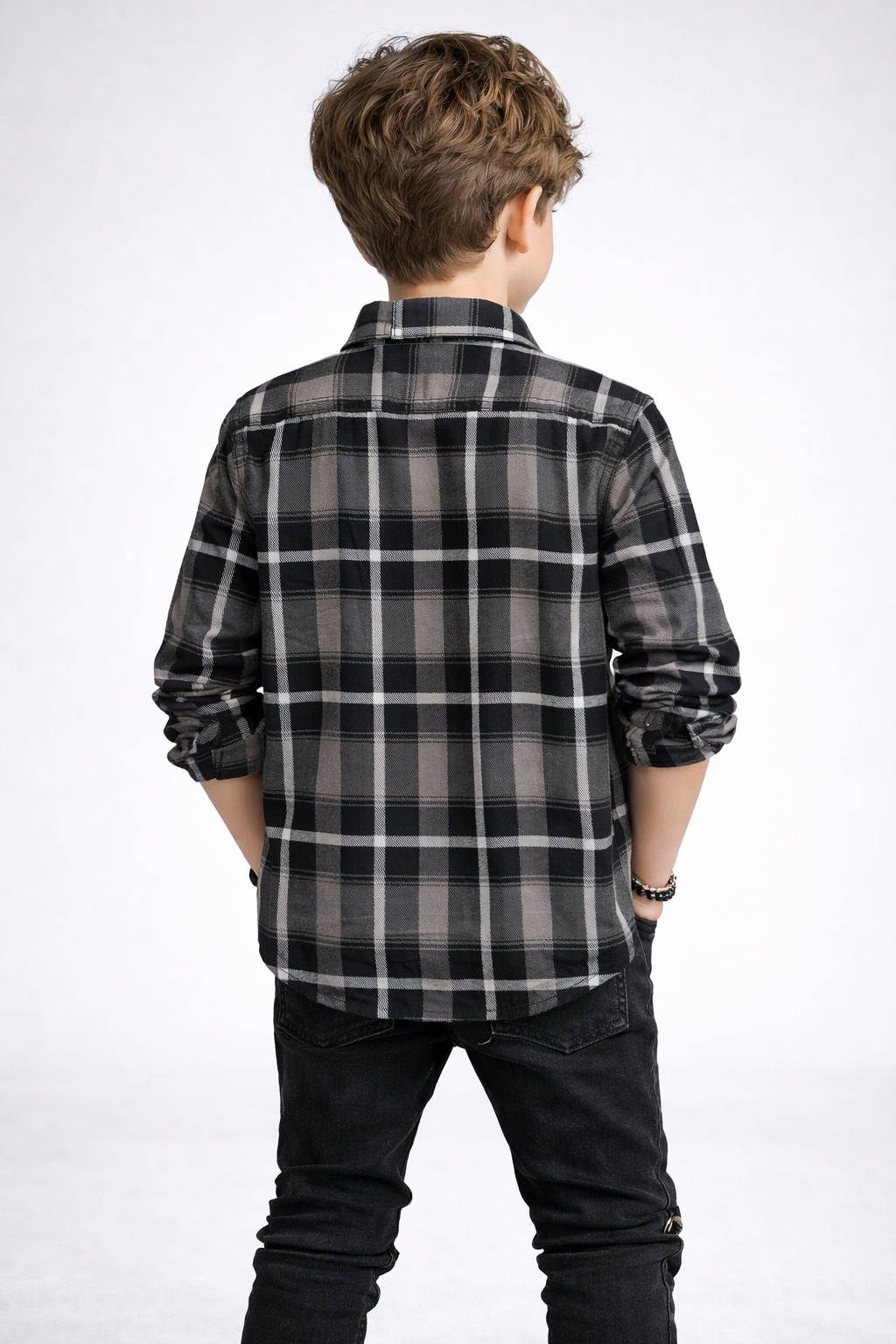 Classic Plaid Button-Up Shirt with Black Zipper Denim Kids Outfit Set | MH