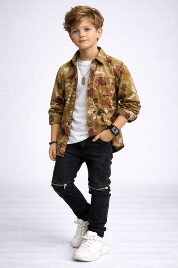 Trendy Printed Casual Shirt with Black Zipper Denim Pants Kids Outfit Set | MH