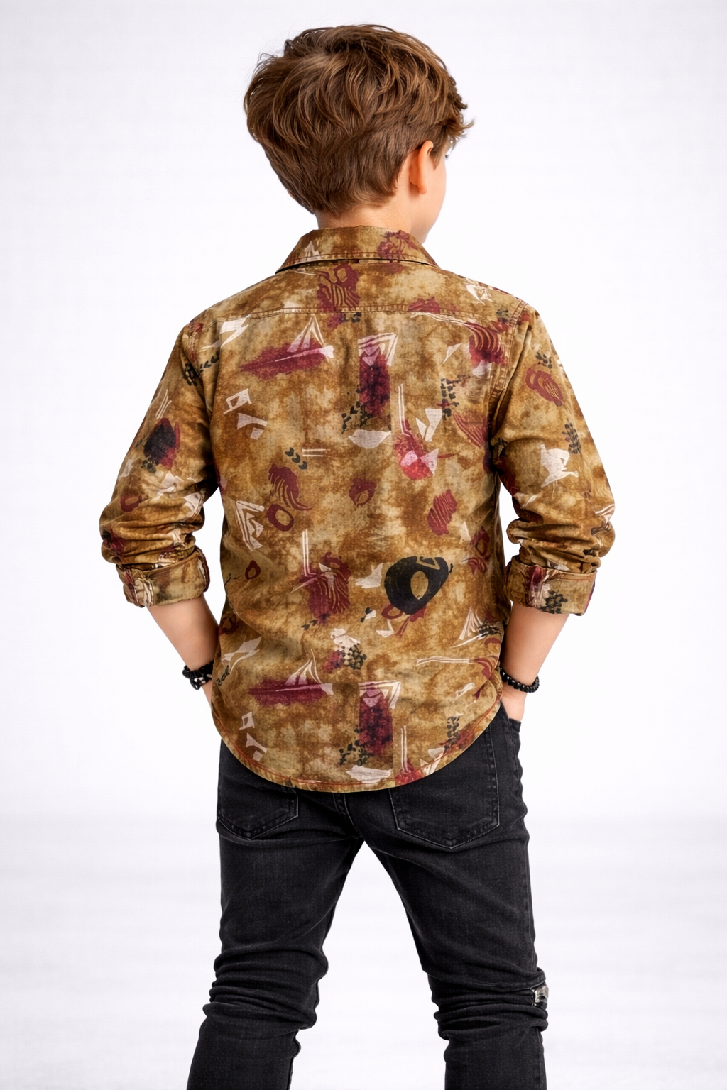 Trendy Printed Casual Shirt with Black Zipper Denim Pants Kids Outfit Set | MH