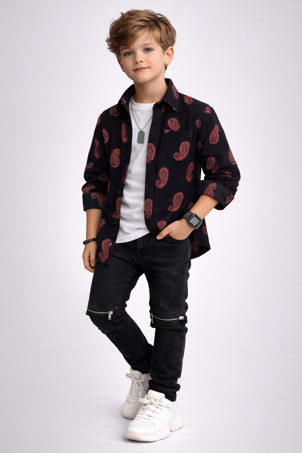 MH Boys Black Paisley Print Cotton Shirt | Trendy Casual Kids Button-Up (Ages 3–14)