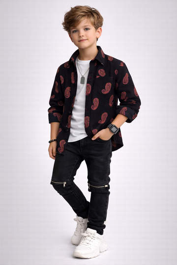 MH Boys Black Paisley Print Cotton Shirt | Trendy Casual Kids Button-Up (Ages 3–14)