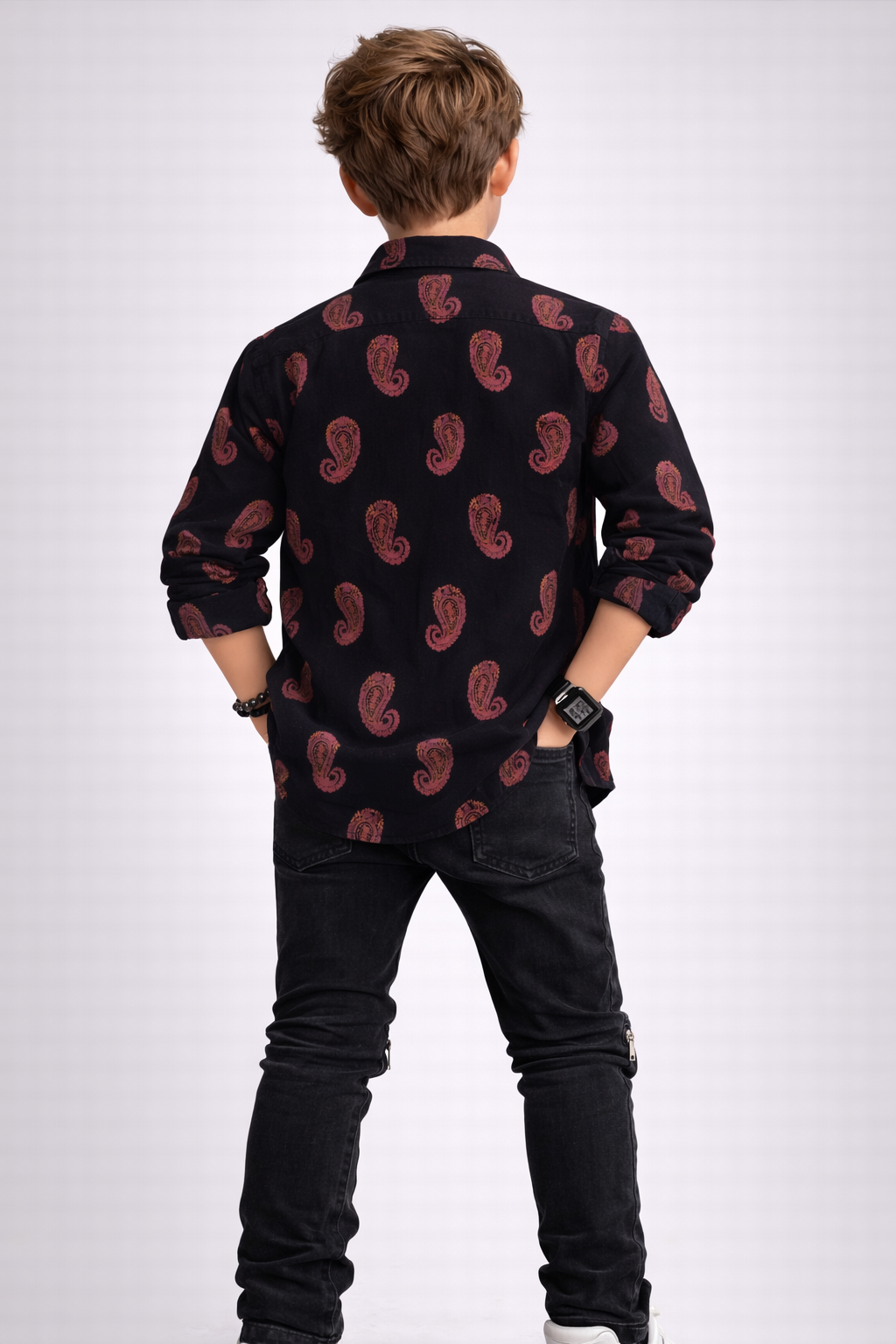 MH Boys Black Paisley Print Cotton Shirt | Trendy Casual Kids Button-Up (Ages 3–14)