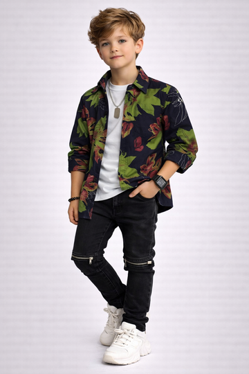 MH Boys Navy Floral Print Cotton Shirt | Trendy Casual Kids Button-Up (Ages 3–14)