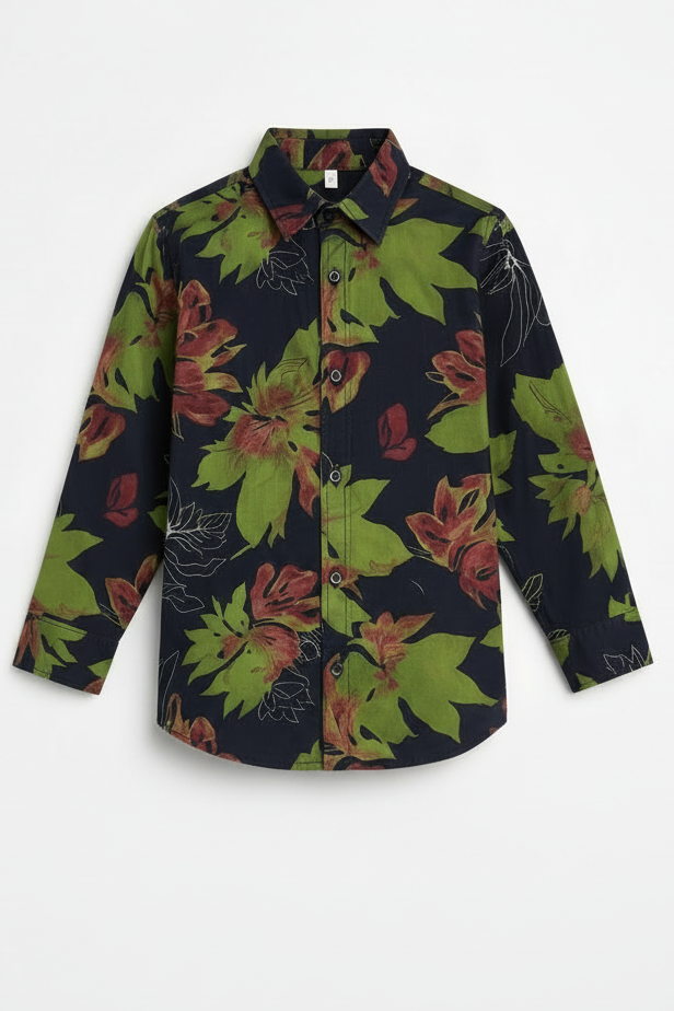MH Boys Navy Floral Print Cotton Shirt | Trendy Casual Kids Button-Up (Ages 3–14)