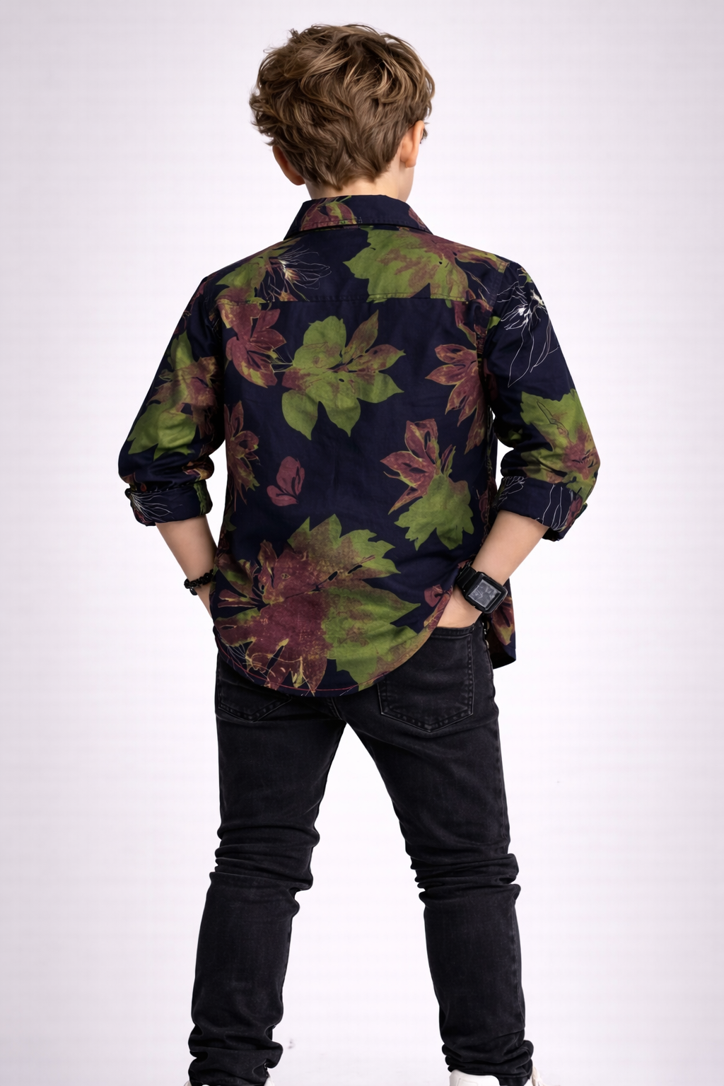 MH Boys Navy Floral Print Cotton Shirt | Trendy Casual Kids Button-Up (Ages 3–14)