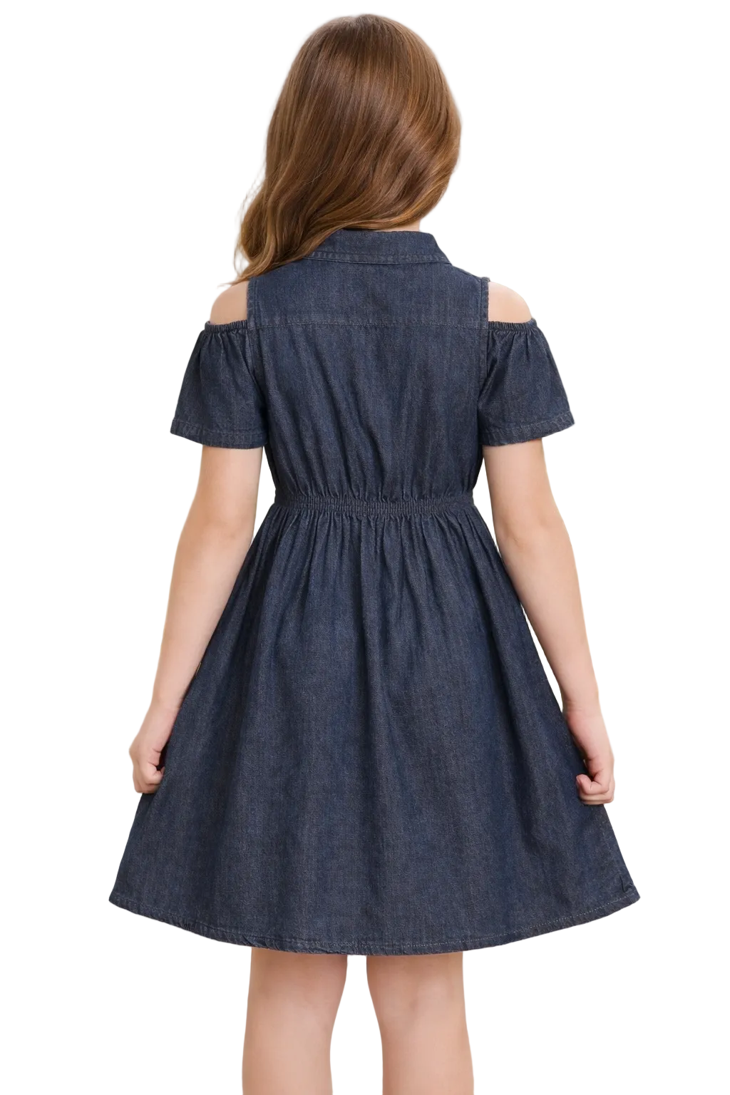Girls Navy Blue Denim Cold Shoulder Dress with Waist Tie Belt (2–12 Years)