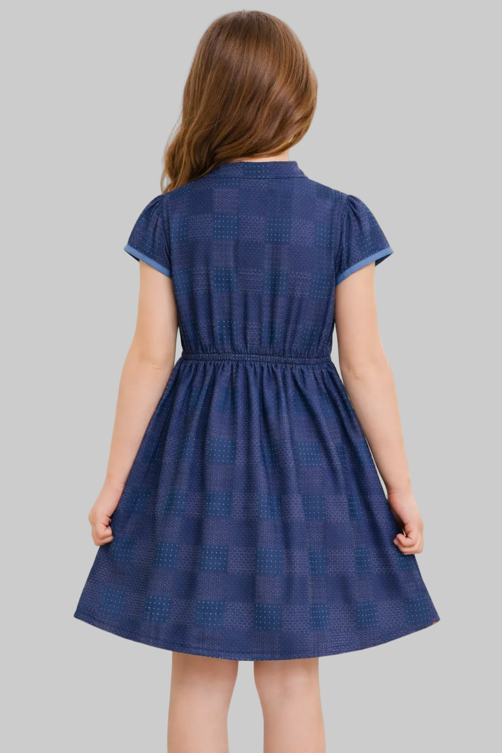 Girls Navy Blue Check Denim Shirt Dress with Waist Tie Belt (2–12 Years)