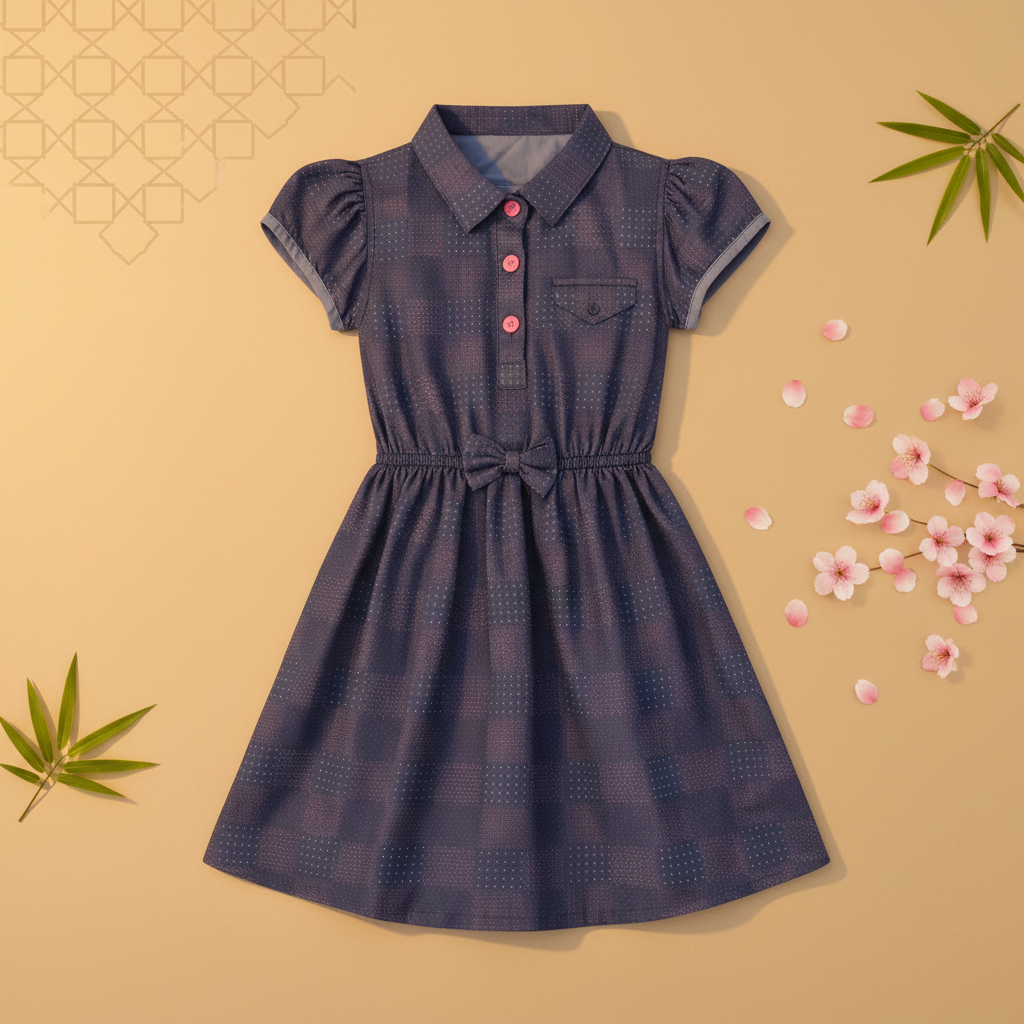 Girls Navy Blue Check Denim Shirt Dress with Waist Tie Belt (2–12 Years)