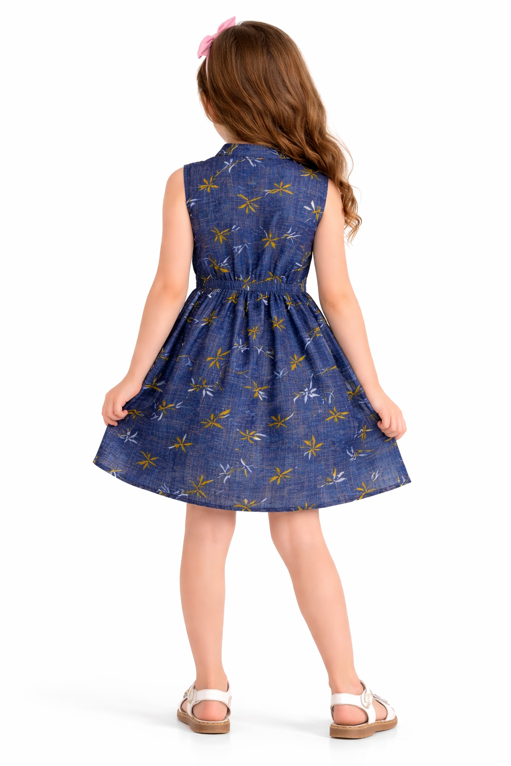 Girls Navy Blue Floral Print Sleeveless Denim Dress with Waist Tie (2–12 Years)