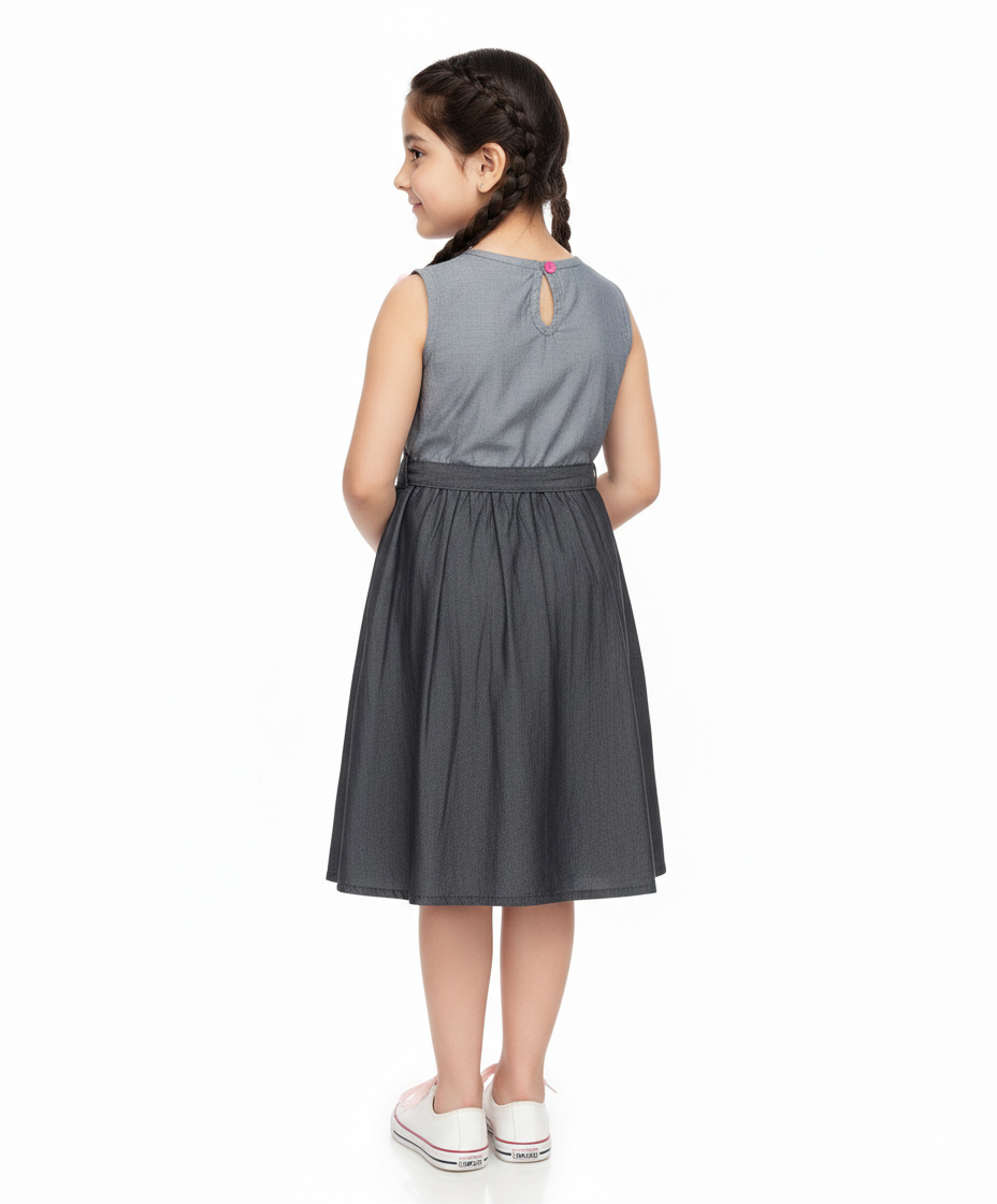 Girls Grey & Black Sleeveless Party Dress with Waist Tie Belt (2–12 Years)