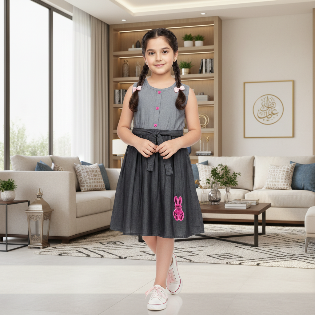 Girls Grey & Black Sleeveless Party Dress with Waist Tie Belt | Sizes (2–12 Years) | MH