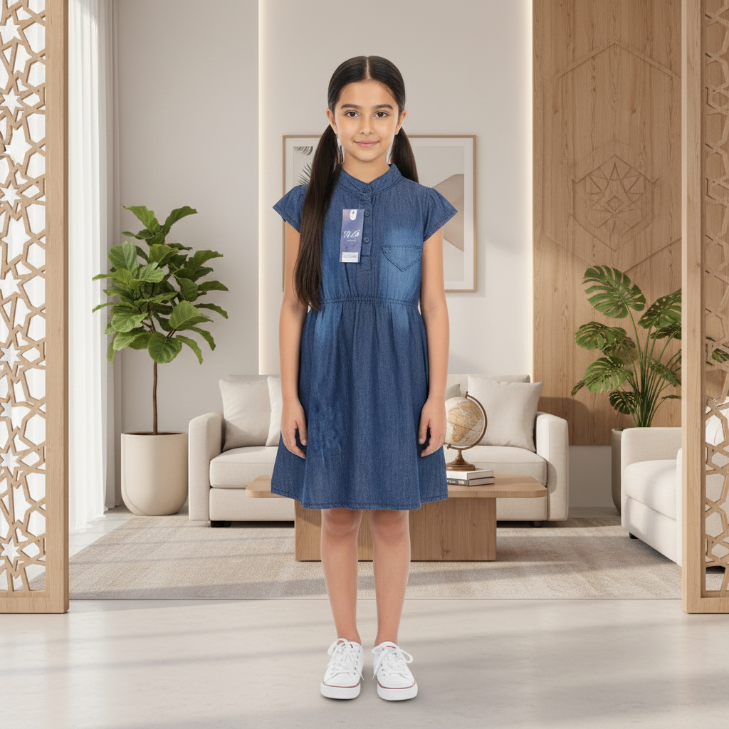 Girls Blue Denim Cap Sleeve Casual Dress with Elastic Waist (2–12 Years)