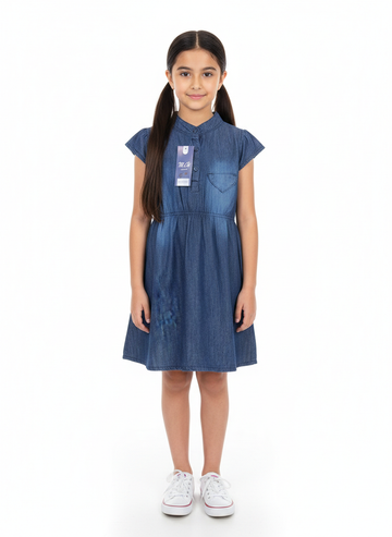 Girls Blue Denim Cap Sleeve Casual Dress with Elastic Waist (2–12 Years)