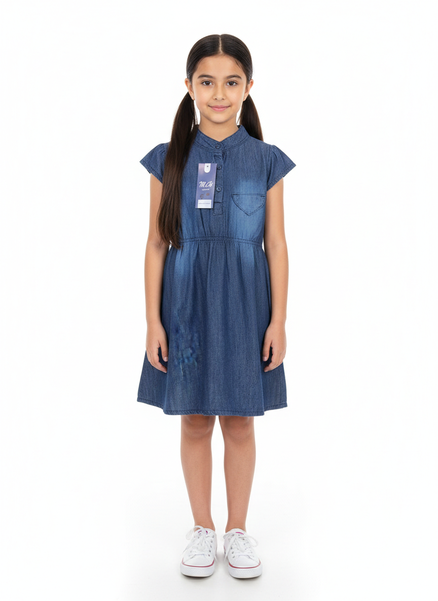 Girls Blue Denim Cap Sleeve Casual Dress with Elastic Waist (2–12 Years)