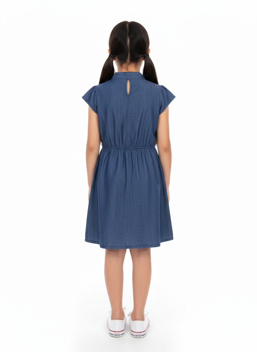 Girls Blue Denim Cap Sleeve Casual Dress with Elastic Waist (2–12 Years)