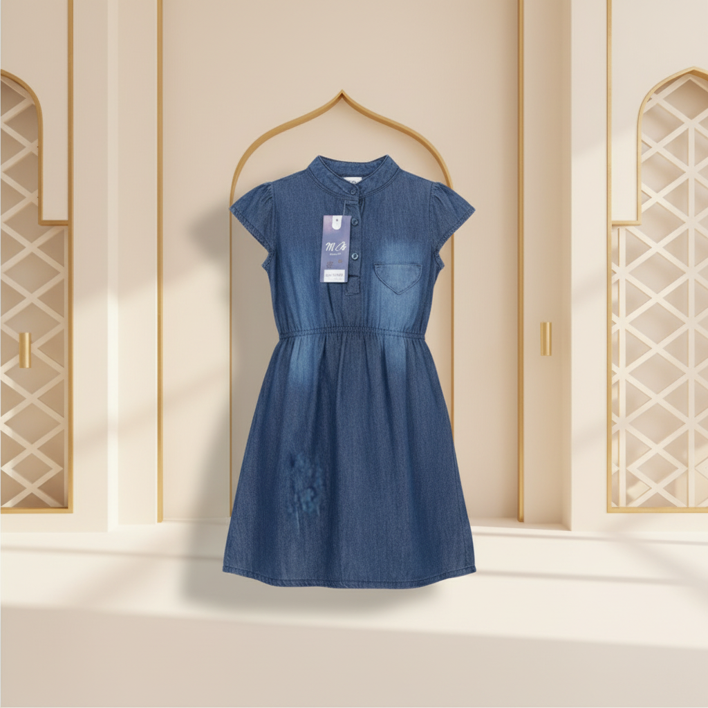 Girls Blue Denim Cap Sleeve Casual Dress with Elastic Waist (2–12 Years)