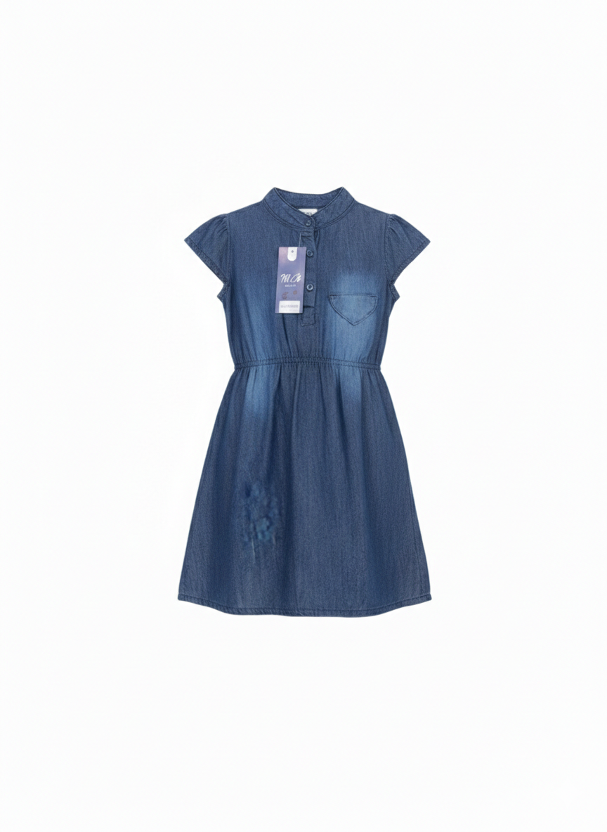 Girls Blue Denim Cap Sleeve Casual Dress with Elastic Waist (2–12 Years)