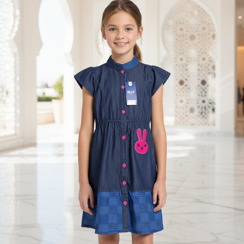 Girls Navy Blue Cap Sleeve Shirt Dress with Button Front & Cute Bunny Patch (2–12 Years)