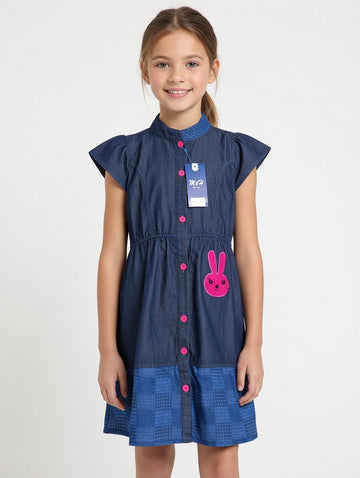 Girls Navy Blue Cap Sleeve Shirt Dress with Button Front & Cute Bunny Patch (2–12 Years)