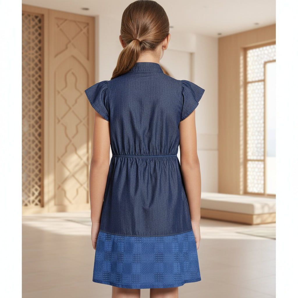 Girls Navy Blue Cap Sleeve Shirt Dress with Button Front & Cute Bunny Patch (2–12 Years)