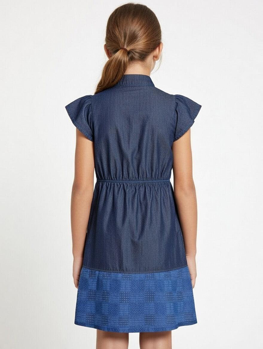 Girls Navy Blue Cap Sleeve Shirt Dress with Button Front & Cute Bunny Patch (2–12 Years)