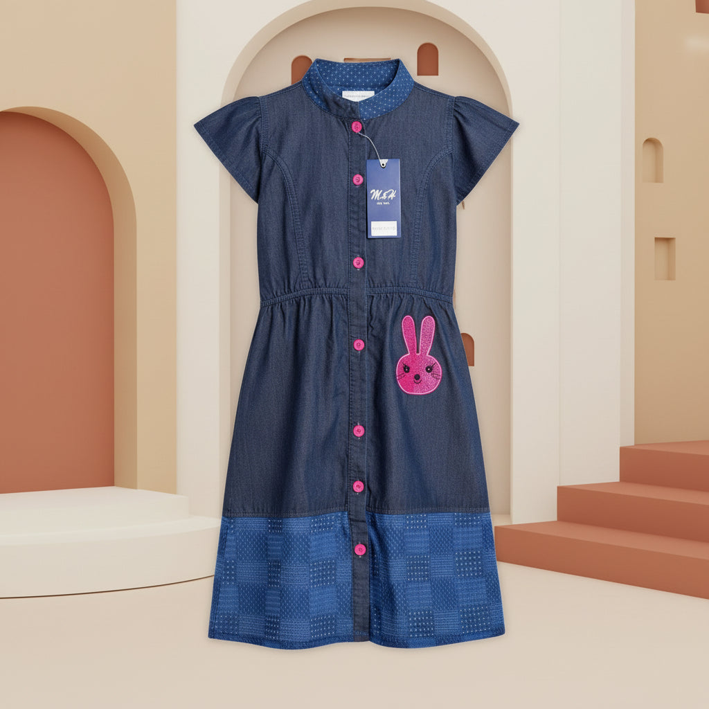 Girls Navy Blue Cap Sleeve Shirt Dress with Button Front & Cute Bunny Patch (2–12 Years)