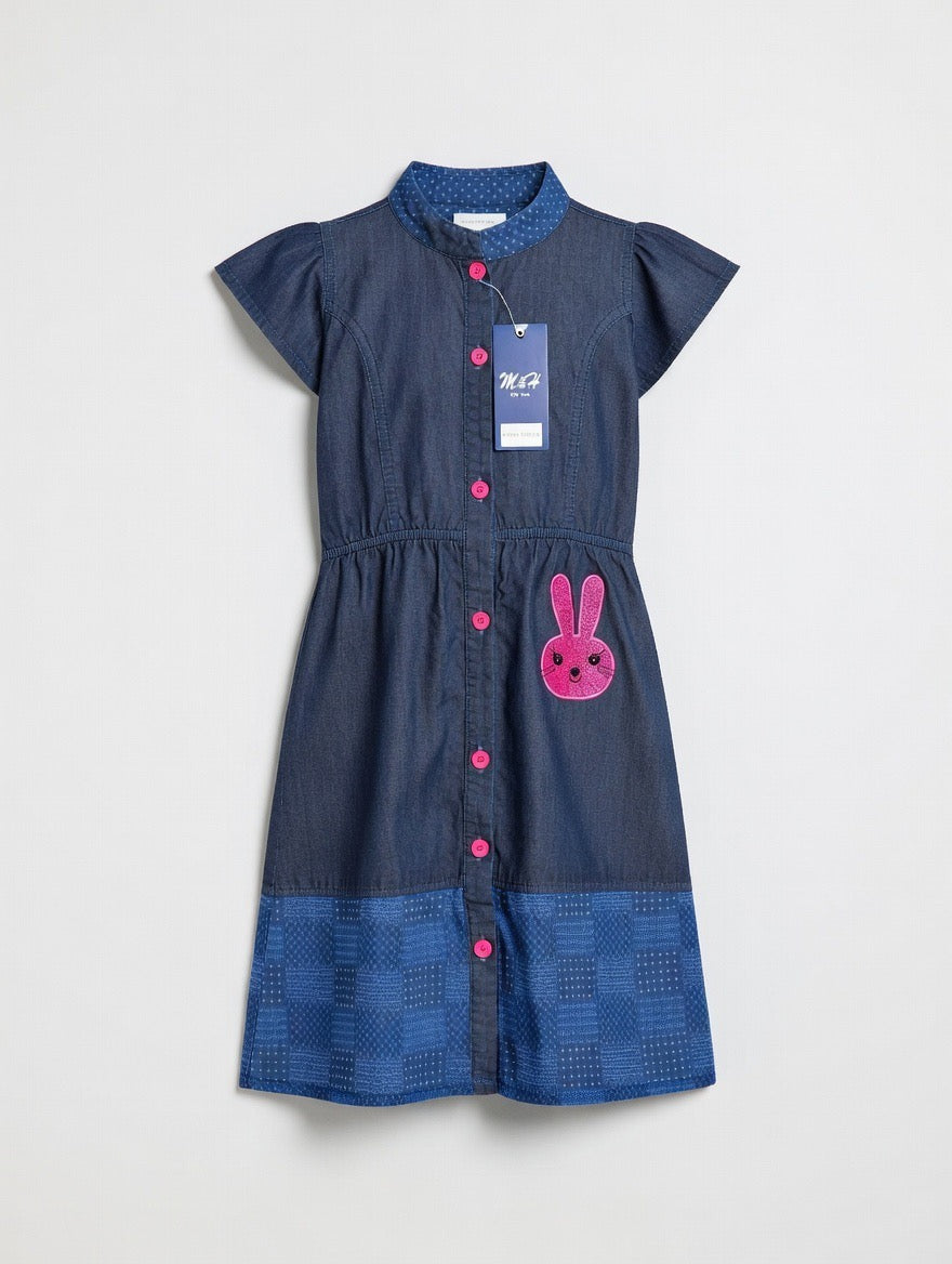 Girls Navy Blue Cap Sleeve Shirt Dress with Button Front & Cute Bunny Patch (2–12 Years)