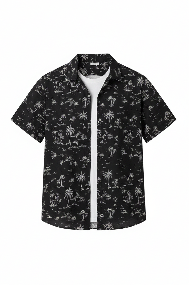 Men’s Black White Tropical Palm Tree Print Short Sleeve Shirt | Cuban Collar Summer Holiday | Sizes S–XXL | MH