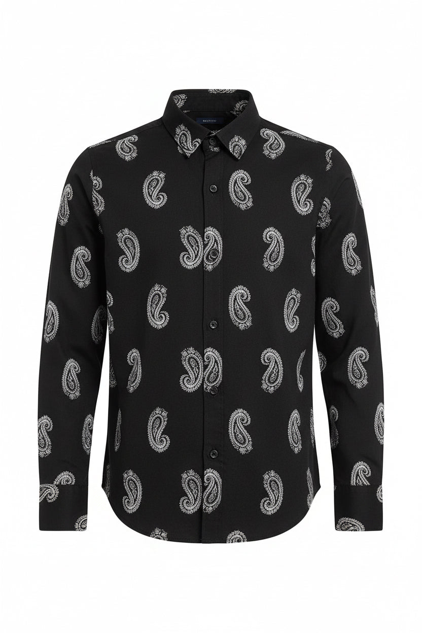 Boys Black & White Paisley Print Long Sleeve Shirt | Bold Bandana Pattern Smart Casual Street Style | Ages 3–14 Years | MH