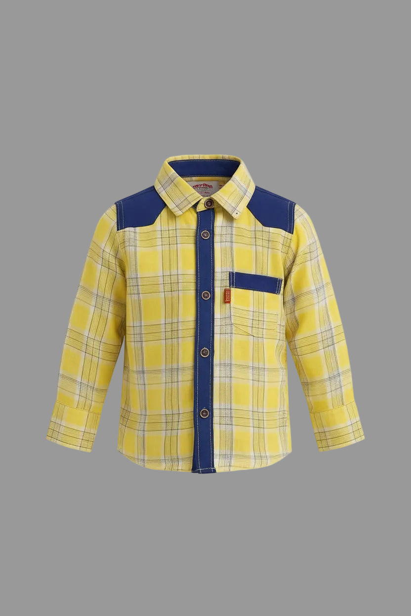 Boys' Navy Yoke Mustard Plaid Button-Down Shirt – Premium Cotton Western Style (Ages 2-12) | MH