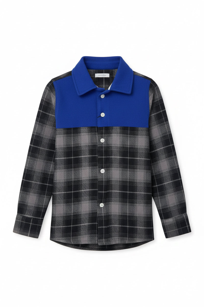 Boys' Blue Panel Plaid Flannel Shirt – Long Sleeve Cotton Button-Down (Ages 3-14) | MH