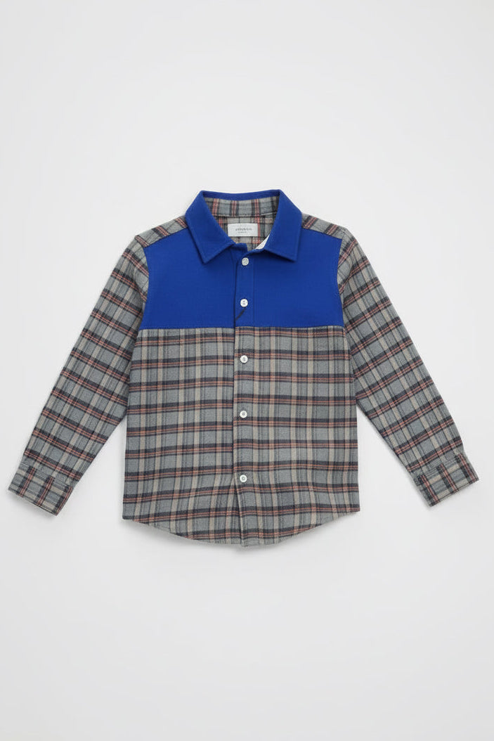 Boys' Blue Panel Plaid Flannel Shirt – Long Sleeve Cotton Button-Down (Ages 3-14) | MH