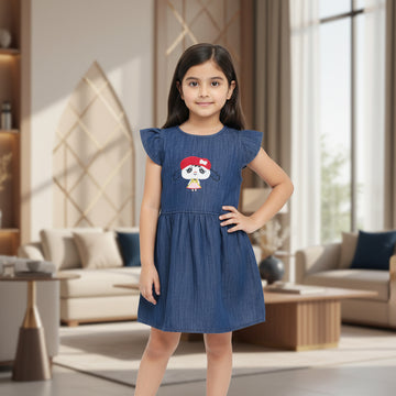 Girls' Denim Flutter Sleeve Dress – Embroidered Character A-Line Summer Dress (1-6 Years) | MH
