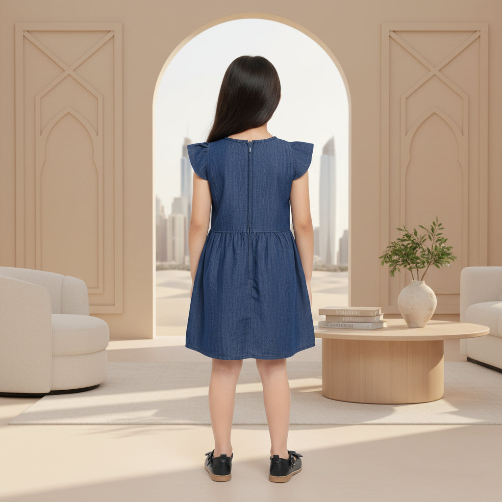 Girls' Denim Flutter Sleeve Dress – Embroidered Character A-Line Summer Dress (1-6 Years) | MH