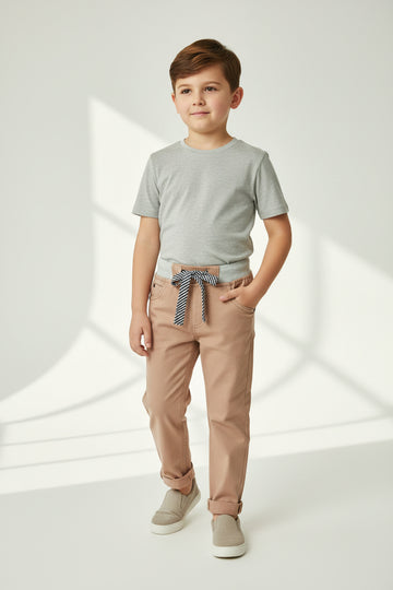 Kids Khaki Jogger-Style Chinos Striped Bow Belt Boys | Sizes |2-12 Years | MH