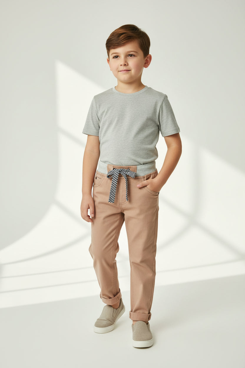 Kids Khaki Jogger-Style Chinos Striped Bow Belt Boys | Sizes |2-12 Years | MH