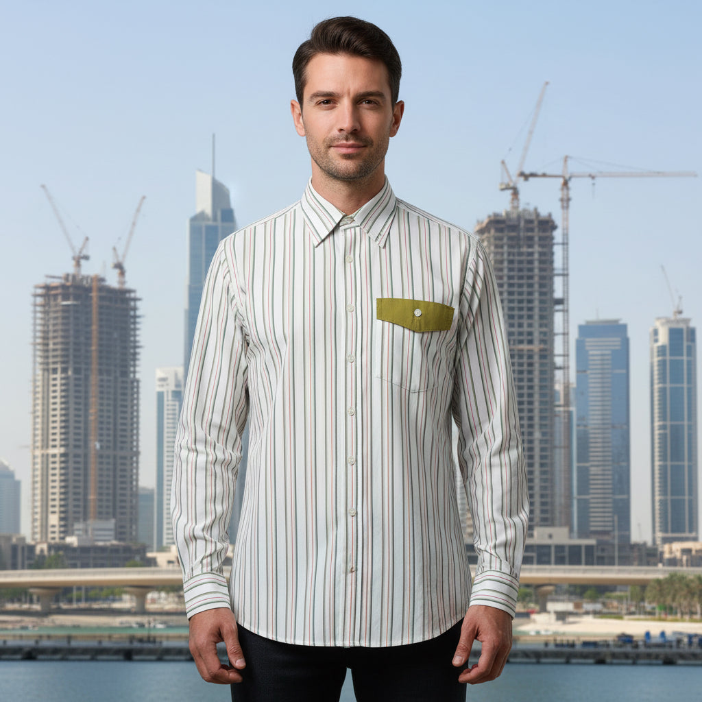 Men’s 90's Retro Striped Cotton Shirt with Contrast Flap Pocket | MH