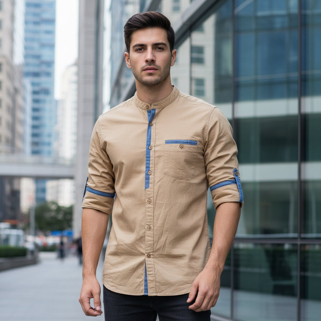 Men's Mandarin Collar Slim-Fit Contrast Detail Casual Cotton Shirt | MH