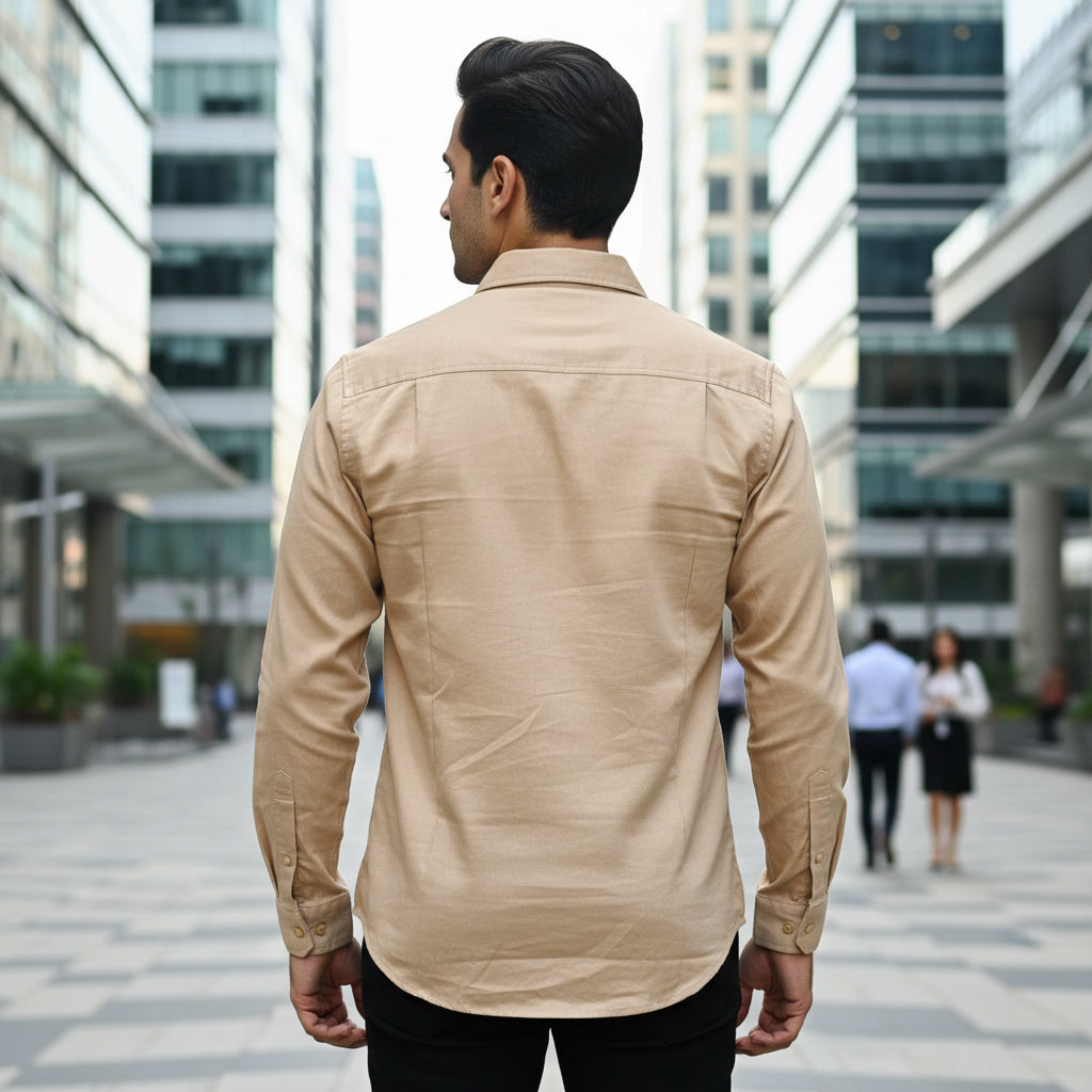 Men's Mandarin Collar Slim-Fit Contrast Detail Casual Cotton Shirt | MH