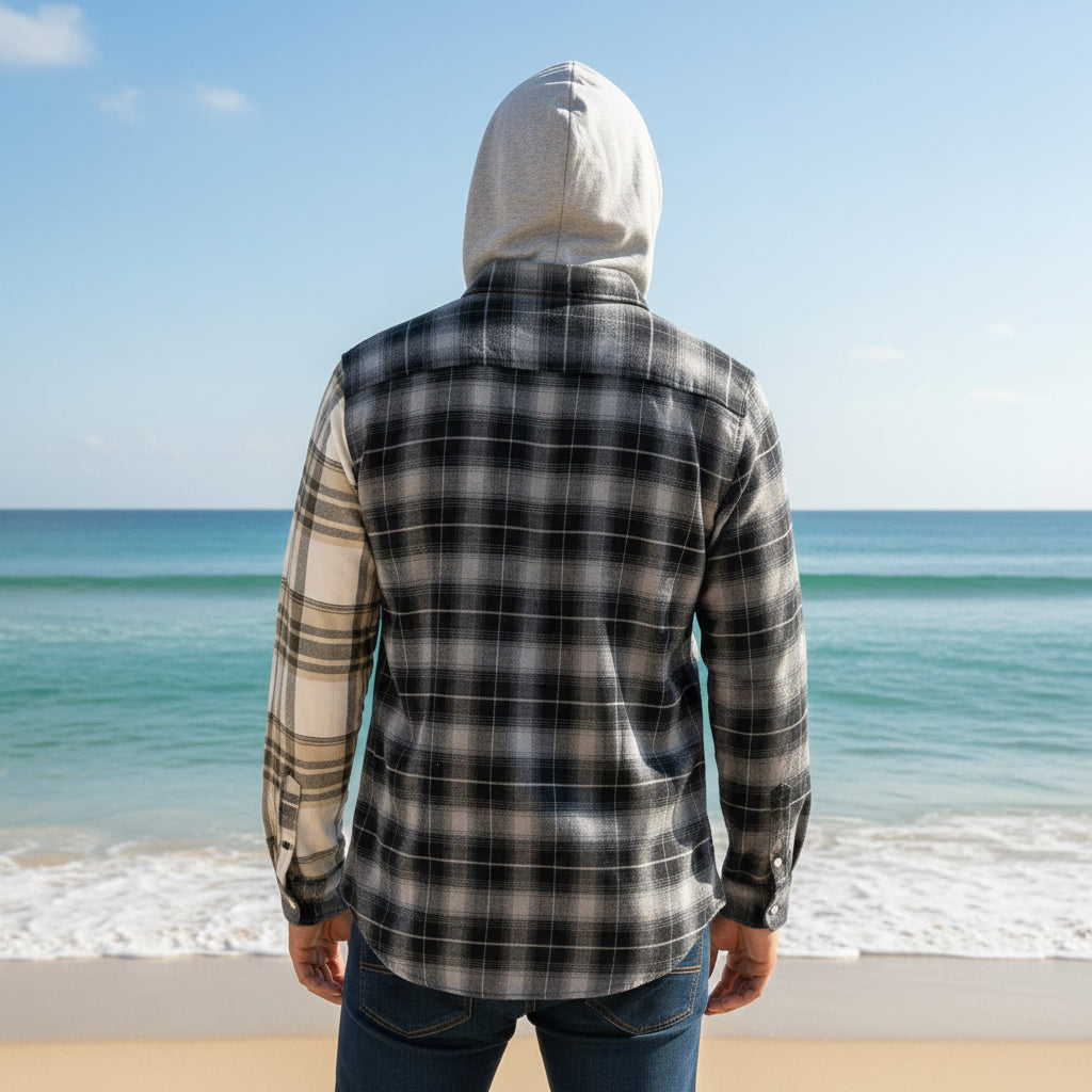 Men's Split-Design Plaid Hooded Flannel | Casual Two-Tone Checkerboard Shirt (Sizes S-XL) | MH
