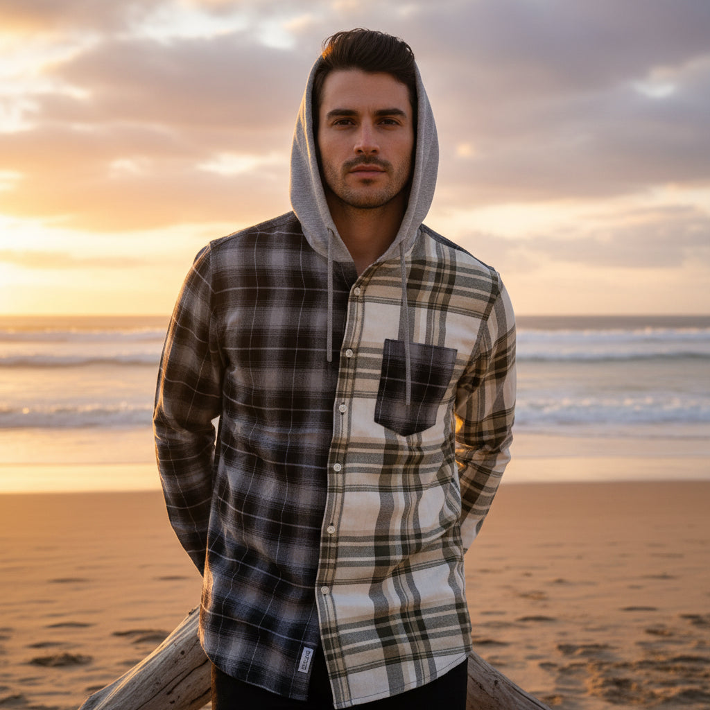 Men's Split-Design Plaid Hooded Flannel | Casual Two-Tone Checkerboard Shirt (Sizes S-XL) | MH