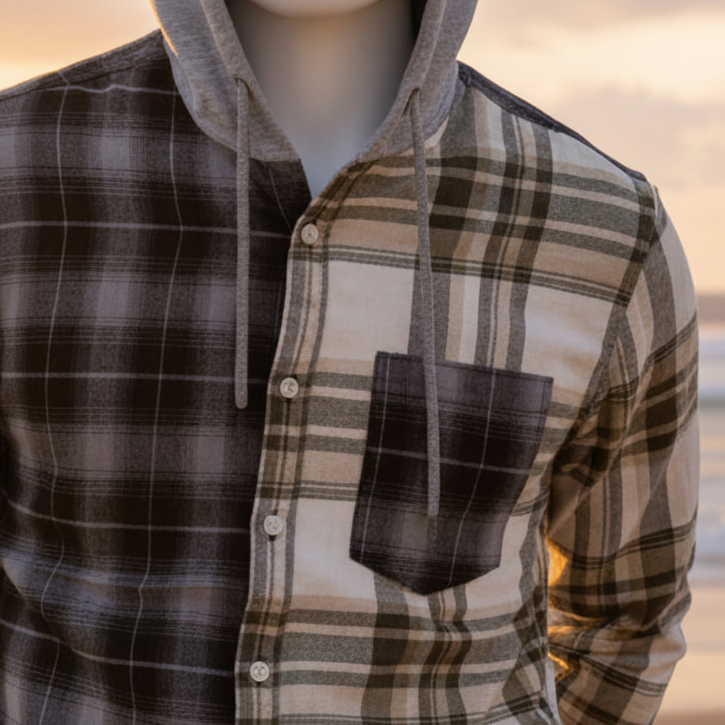 Men's Split-Design Plaid Hooded Flannel | Casual Two-Tone Checkerboard Shirt (Sizes S-XL) | MH