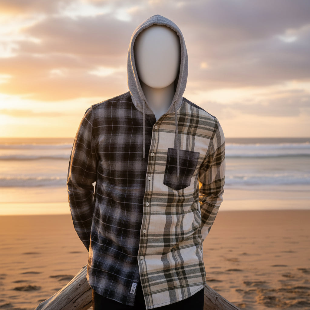 Men's Split-Design Plaid Hooded Flannel | Casual Two-Tone Checkerboard Shirt (Sizes S-XL) | MH